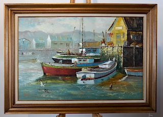 L. KENDALL: Docked Boats - Oil on Canvas