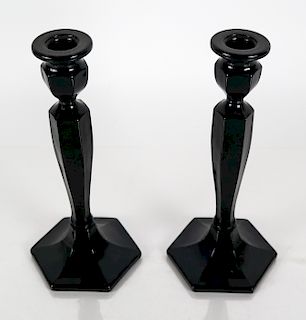 Pair of Black Glass Faceted Candlesticks