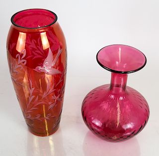 Two Red Art Glass Vases, Not Signed