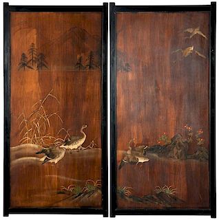 A pair of Japanese kauri wood fusuma door panels