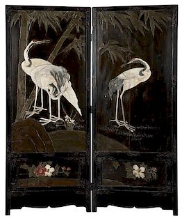 Japanese two-panel polychrome lacquer dressing screen