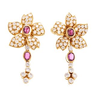 A Pair of Fine 18K Ruby & Diamond Flower Earrings