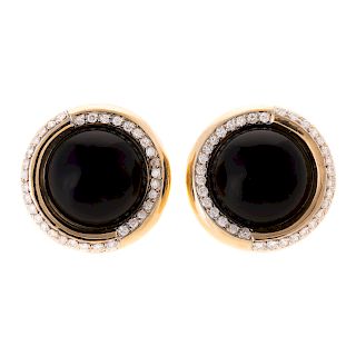 A Pair of 14K Round Black Onyx & Diamond Earrings