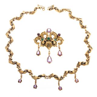A Ladies Vintage Gem Necklace & Brooch in 18K