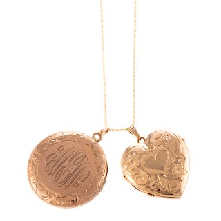 A Pair of Large Gold Engraved Lockets on Chain
