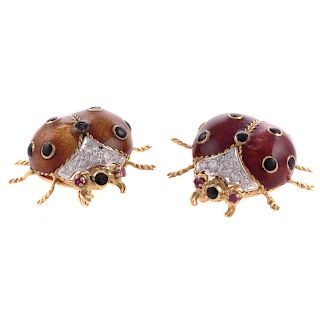 A Pair of Ladybug Pins with Diamonds in 18K