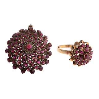A Ladies Vintage Ruby Ring & Brooch in 14K Gold