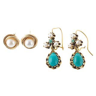 Two Pairs of 14K Turquoise & Pearl Earrings