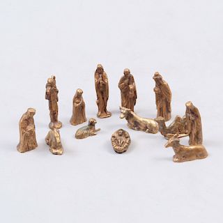 Nacimiento. México, siglo XX. Fundiciones en bronce dorado. 6 cm de altura (mayor) Piezas: 13