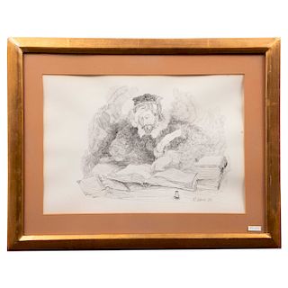 MAURICIO GROSO. Personaje masculino con libro. Firmado y fechado '84. Tinta sobre papel. Enmarcado. 28 x 40 cm
