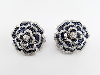 18K White Gold Sapphire & Diamond Flower Earrings