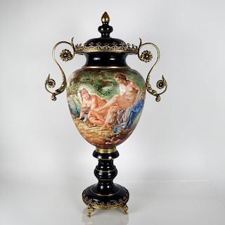 Large Cobalt Scenic-Decorated Covered Vase