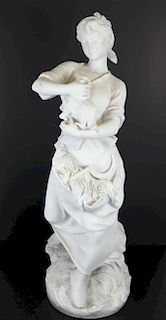 Bisque Plaster Woman with Lamb Statue