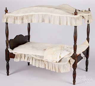 Stained pine doll canopy bed, etc.