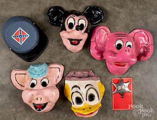 Four vintage papier-mâché Disney character masks, etc.