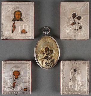 5 RUSSIAN ICONS, WITH SILVER OKLADS, CIRCA 1900