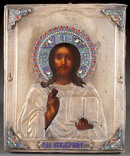 RUSSIAN ICON, SILVER AND ENAMELED OKLAD