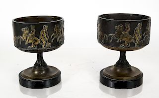 Pair Bronze Roman Relief Urns