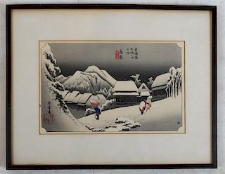 Japanese Print: Figures in a Snowy Village