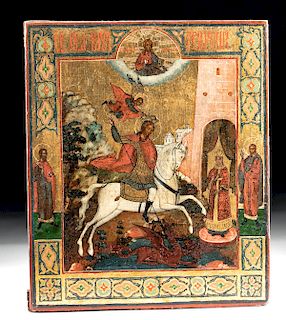 19th C. Russian Icon of St. George Slaying Dragon