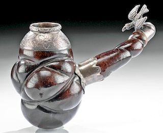 19th C. European Wood Pipe w/ Silver Adornments