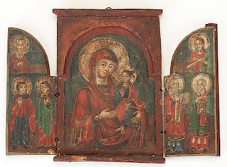 Greek Triptych Icon of the Virgin Portaitissa with Attendant Saints, 19th Century