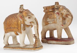 Pair Antique Indian Carved and Paint Decorated Marble Elephants