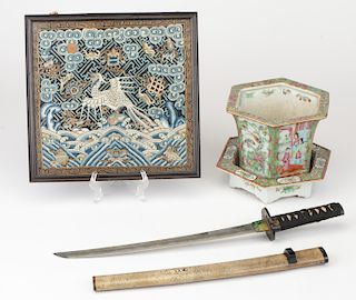 Chinese Rank Badge, Rose Medallion Planter & Japanese Sword