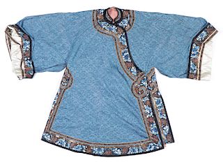Antique Chinese Blue Embroidered Silk Robe