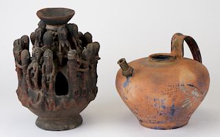 African Terracotta Figural Vessel and Strap-handles Globular Pitcher