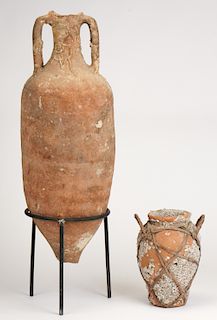 Ancient Terracotta Cargo Amphora on Stand and a Rafia-Strapped Vessel