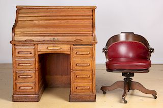 Antique Oak Rolltop Desk and Associated Chair