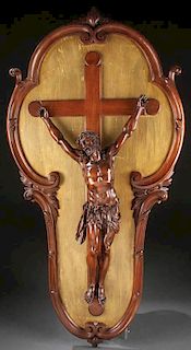 LARGE CARVED WALNUT CRUCIFIXION, 19TH CENTURY