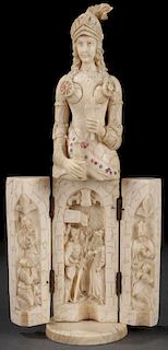 FRENCH CARVED IVORY TRIPTYCH, ST. JOAN, 19TH C.