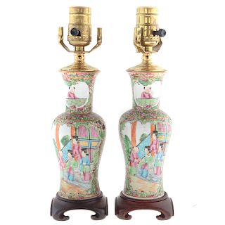 Pair Chinese Export Rose Medallion Vase Lamps