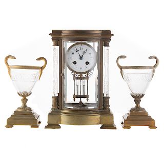 French Bronze & Crystal Clock Garniture