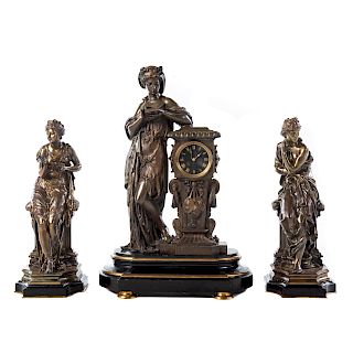 French Three Piece Bronze Clock Garniture