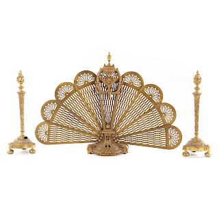 Pr of Classical Style Brass Andirons & Fire Screen