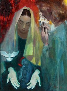 OIL PAINTING OF THE ANNUNCIATION, SIGNED