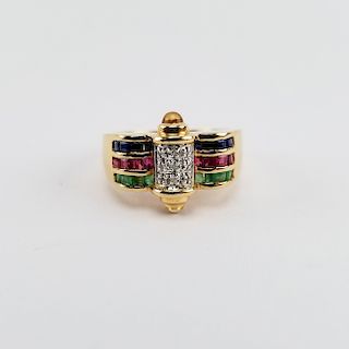 14K Ruby, Sapphire, Emerald & Diamond Ring
