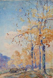 Francis Humphrey W Woolrych  (Missouri / Australia, France, 1868 - 1941) Watercolor of a figure near a horse-drawn carriage in an autumnal landscape. 