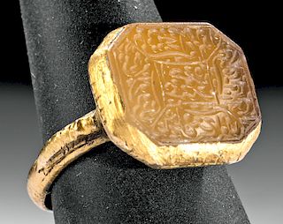 Medieval Islamic 20K Gold Ring w/ Glass Intaglio