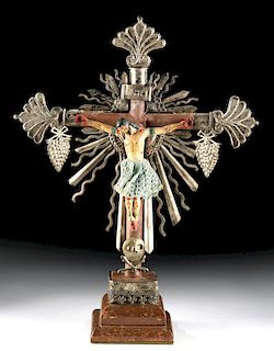 19th C. Philippines Carved Wood Crucifix w/ Silver