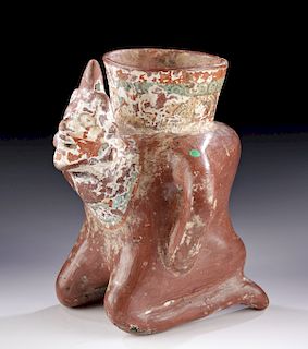 Rare Mixtec Stuccoed Pottery Jar - Kneeling Hunchback