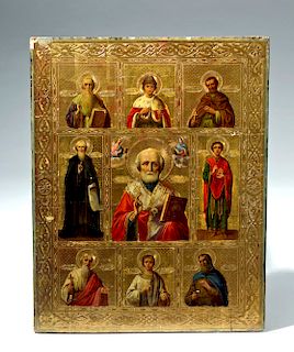 Exhibited 19th C. Russian Icon - St. Nicholas w/ Saints