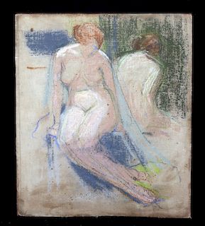 19th C. European Pastel on Canvas - Nude Bather