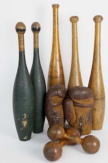 Group of Five 19th C. Indian Clubs, Boxing Gloves and Wood Dumbbells