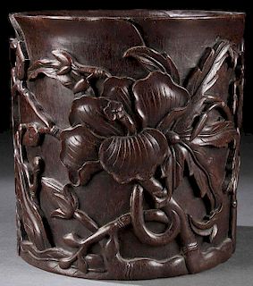 CHINESE CARVED ZITAN WOOD BRUSHPOT