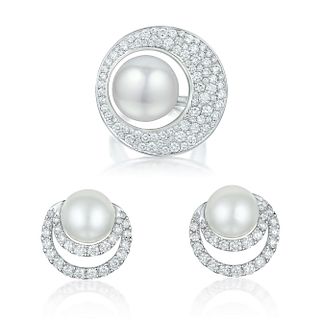 Lorenz Baumer Cultured Pearl and Diamond Earrings and Ring Set
