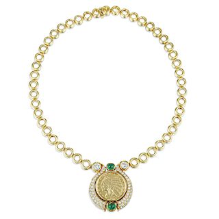 Diamond and Emerald Coin Necklace